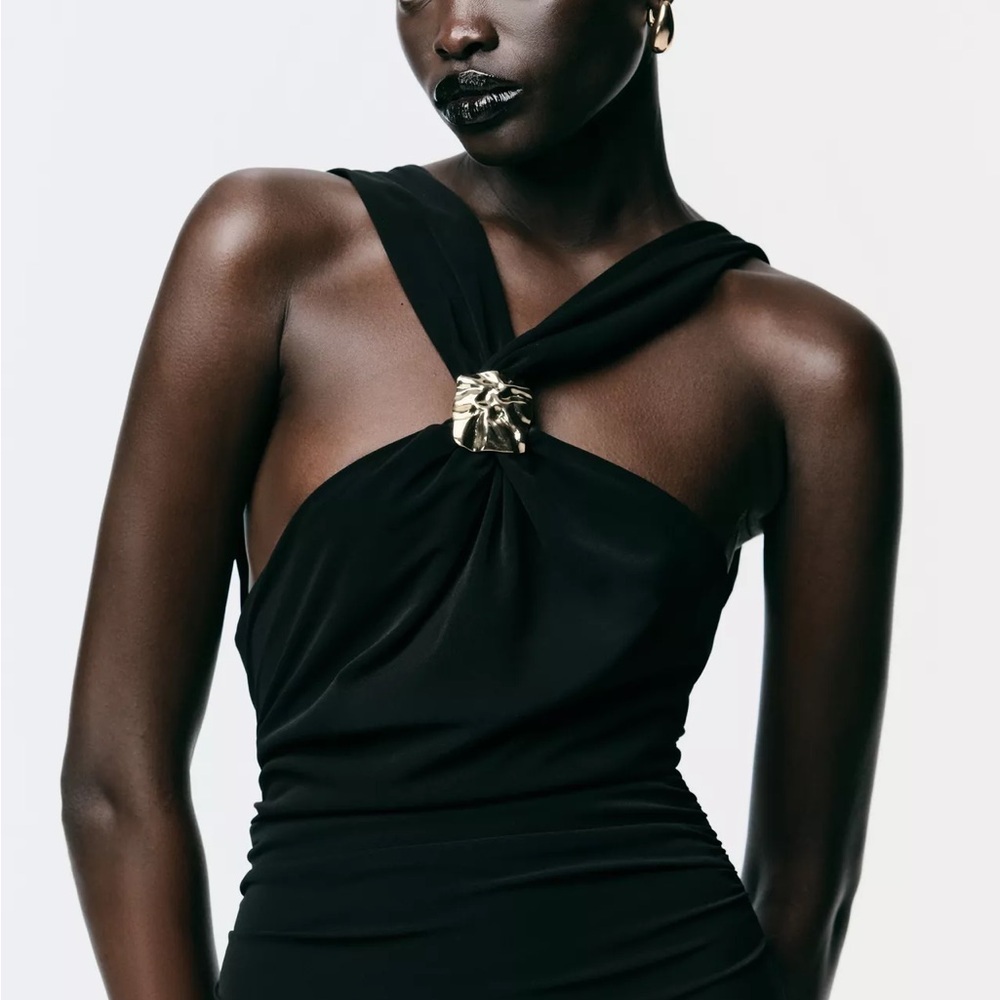 Zara Black Fitted Wrap Midi Dress Gold Neck Detail Criss-cross Back Slit NWT S - Picture 7 of 16